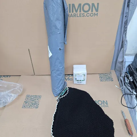 LARGE QUANTITY OF ASSORTED ITEMS TO INCLUDE INDOOR RUG, EMERALD FOREST SCENTED CANDLE, WOMENS KNITTED CARDIGAN, ETC - COLLECTION ONLY