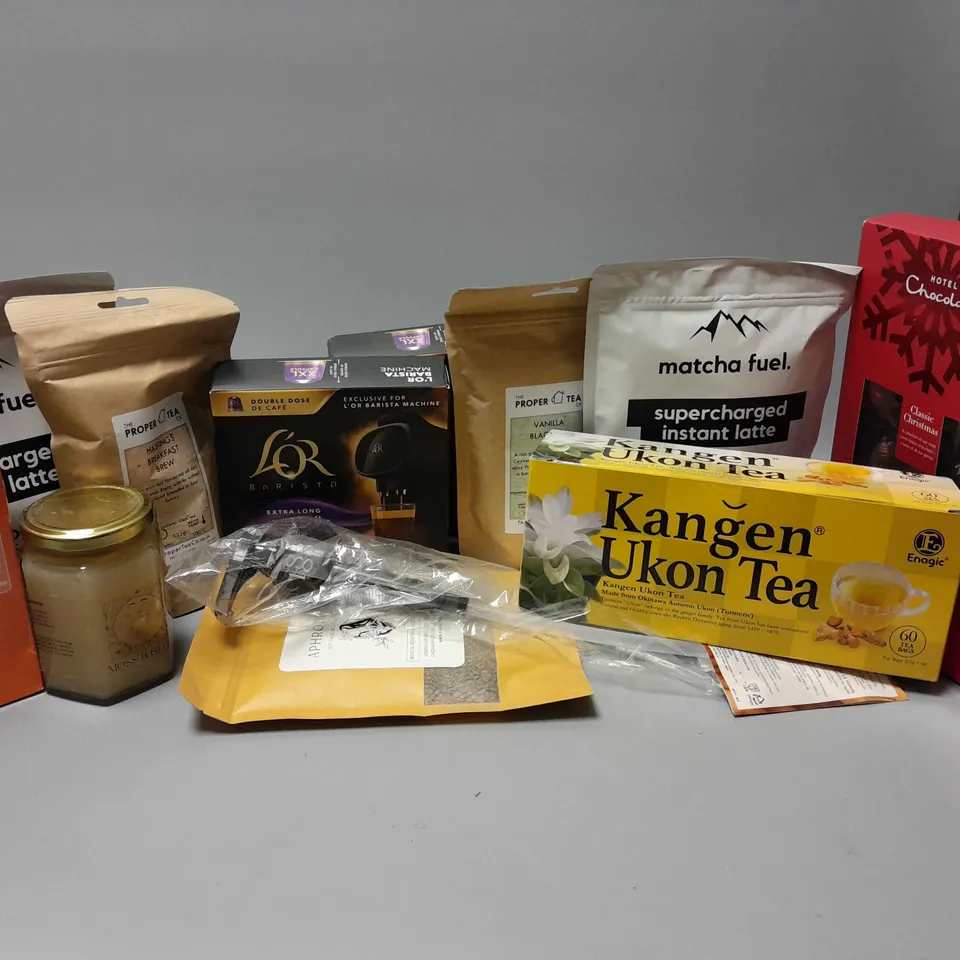 APPROXIMATELY 16 ASSORTED FOOD & DRINK ITEMS TO INCLUDE SLIMFAST ROCKYROAD MEAL BARS (4 BARS), KANGEN UKON TEA (60 TEABAGS), MATCHA FUEL SUPERCHARGED INSTANT LATTE (300g), ETC