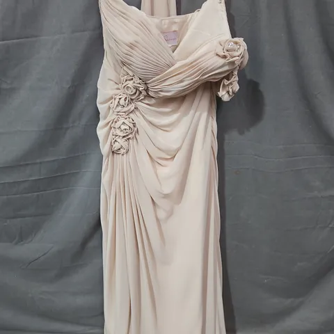 Serenade Beige Ruched Evening Dress with Floral Rosette Embellishments - size unspecified