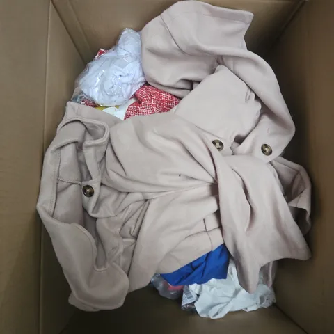 LARGE BOX OF APPROXIMATELY 25 ASSORTED CLOTHING ITEMS IN VARIOUS COLOURS, STYLES AND SIZES - COLLECTION ONLY