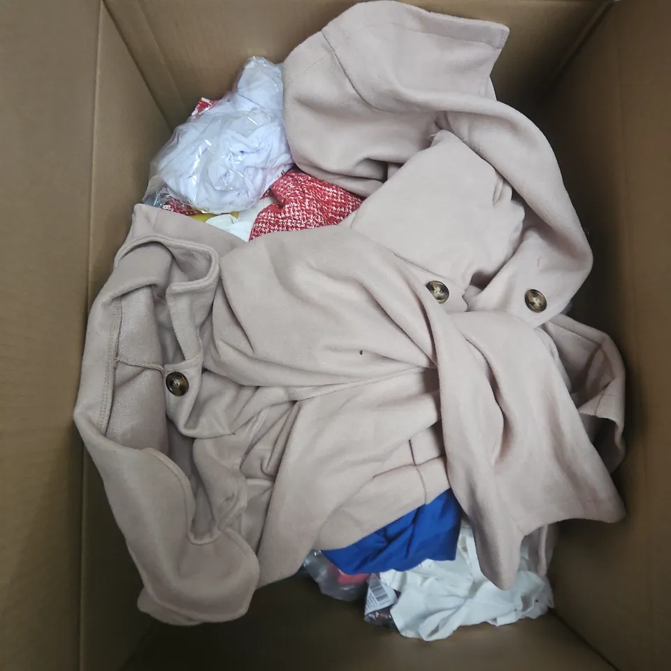 LARGE BOX OF APPROXIMATELY 25 ASSORTED CLOTHING ITEMS IN VARIOUS COLOURS, STYLES AND SIZES - COLLECTION ONLY