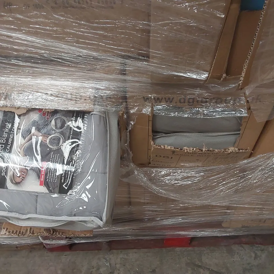 PALLET CONTAINING A VERY LARGE QUANTITY OF ASSORTED ITEMS INCLUDING: WEIGHTED BLANKETS, RIGID WALL PADDLING POOLS, BABY DOLL FEEDING SETS ECT