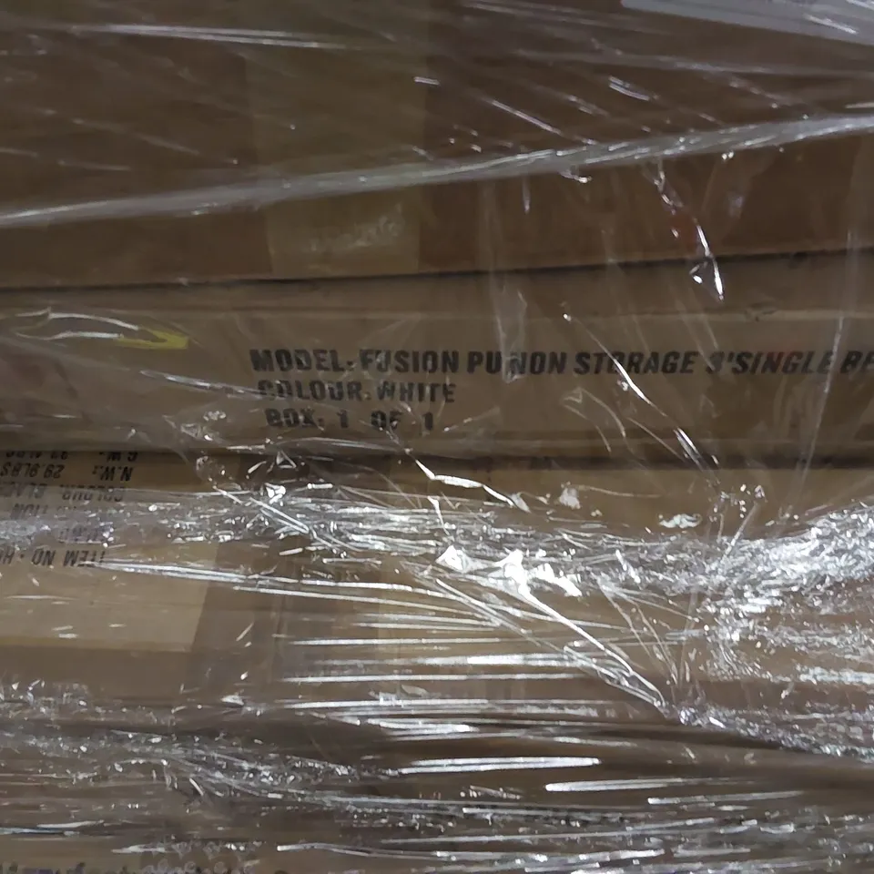 PALLET OF ASSORTED ITEMS INCLUDING: SHELVING DESK, SINGLE BED 