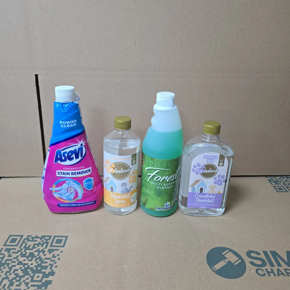 TOTE OF APPROXIMATELY 12 HOUSEHOLD LIQUIDS TO INCLUDE ASEVI STAIN REMOVER, LA LUCCA FOREST MULTI SURFACE CLEANER AND FURBULOSA DISINFECTANT