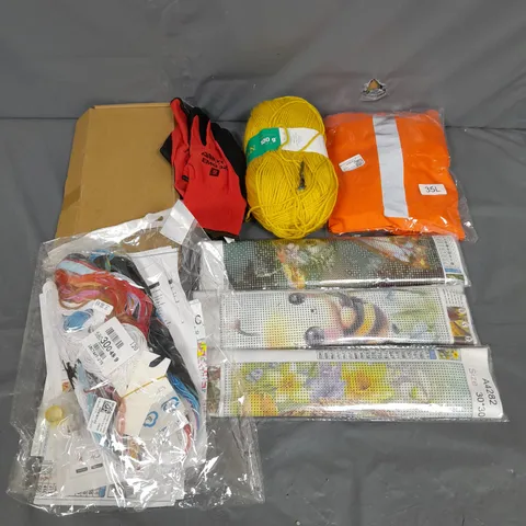 BOX OF ASSORTED HOUSEHOLD ITEMS TO INCLUDE WOOL, DIAMOND PAINTING AND MONOCULAR