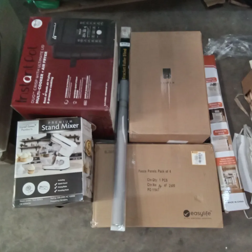 PALLET OF ASSORTED ITEMS INCLUDING PREMIUM STAND MIXER, INSTANT POT MULTI-COOKER + AIR FRYER, BRACKET ROLLER BLIND, EASYLIFE FENCE PANELS, LEVEL 8 SUITCASE, RETRACTABLE SAFETY GATE