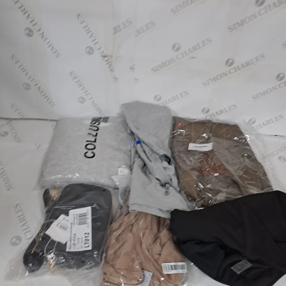 LARGE BOX OF ASSORTED CLOTHING ITEMS IN VARIOUS COLOURS AND SIZES INCLUDING TROUSERS , TOPS AND JUMPERS 