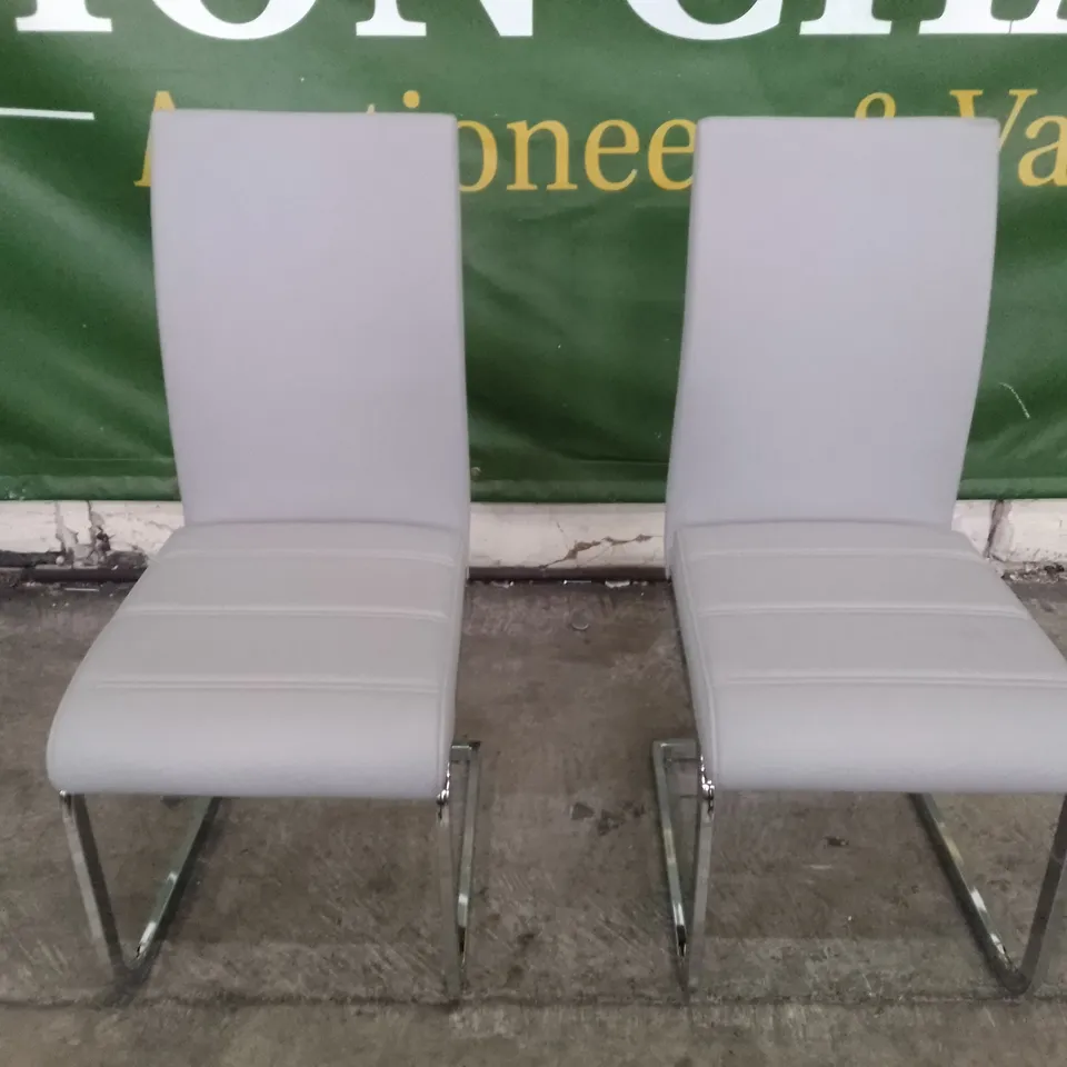 SET OF 2 NEW PERTH LIGHT GREY LEATHER DINING CHAIRS (CHROME LEG)
