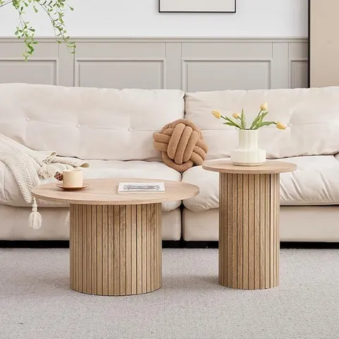 BOXED GRANDCA HOME SET OF 2 ROUND STACKABLE DRUM STYLE COFFEE TABLES FOR LIVING ROOM