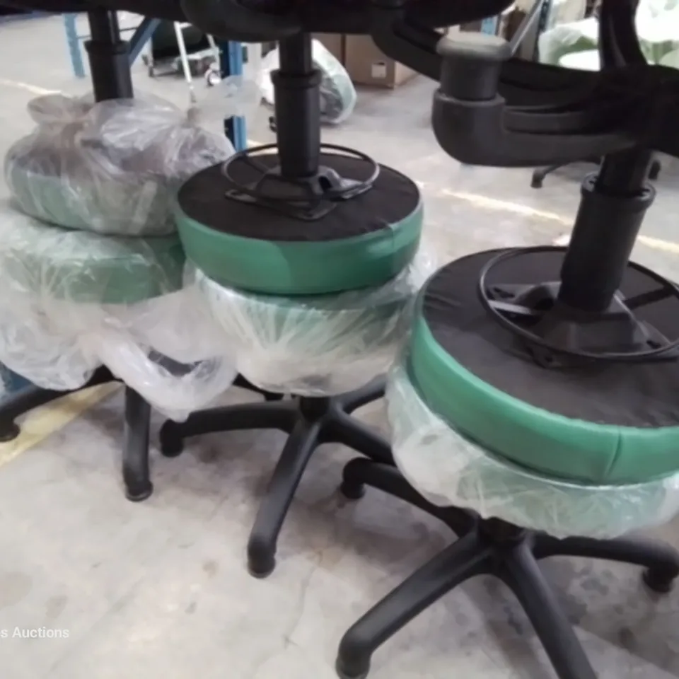 SIX HEIGHT ADJUSTABLE EXAMINATION STOOLS GREEN PU SEAT PADS