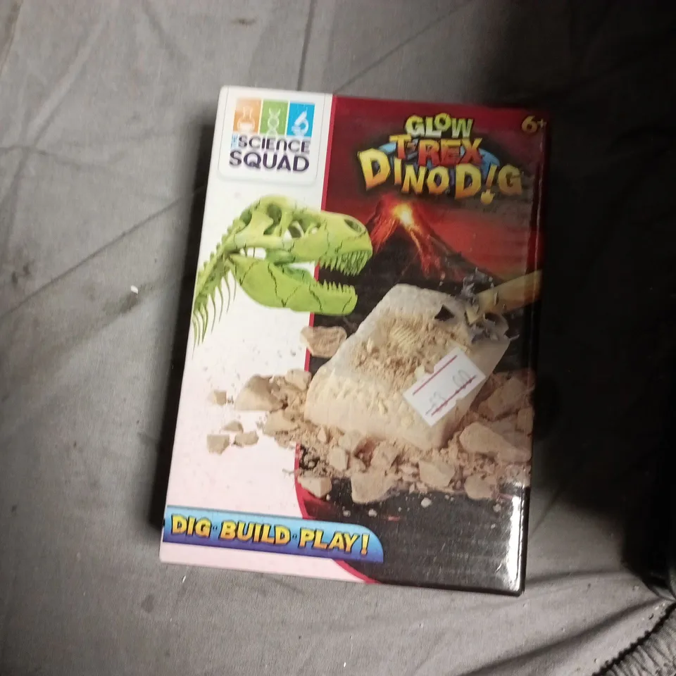 BOX OF APPROXIMATELY 10 ASSORTED TOYS INCLUDING BINGO GAME , GLOW T REX DINO DIG AND BATH TOYS LIGHT UP 