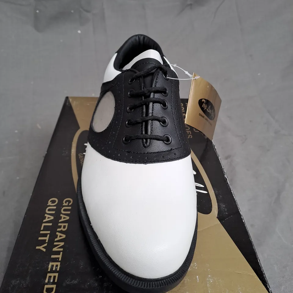 BOX OF APPROXIMATLY 12 BLACK AND WHITE TOP LINE GOLF SHOES VARIOUS SIZES