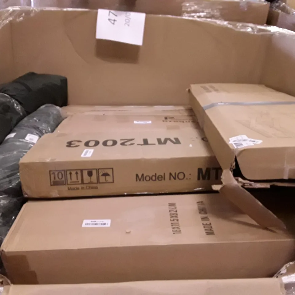 PALLET OF ASSORTED PRODUCTS INCLUDING TRAMPOLINE, ROUND METAL BALLOON ARCH KIT, TV STAND, STUNT SCOOTER, DOOR BRACE
