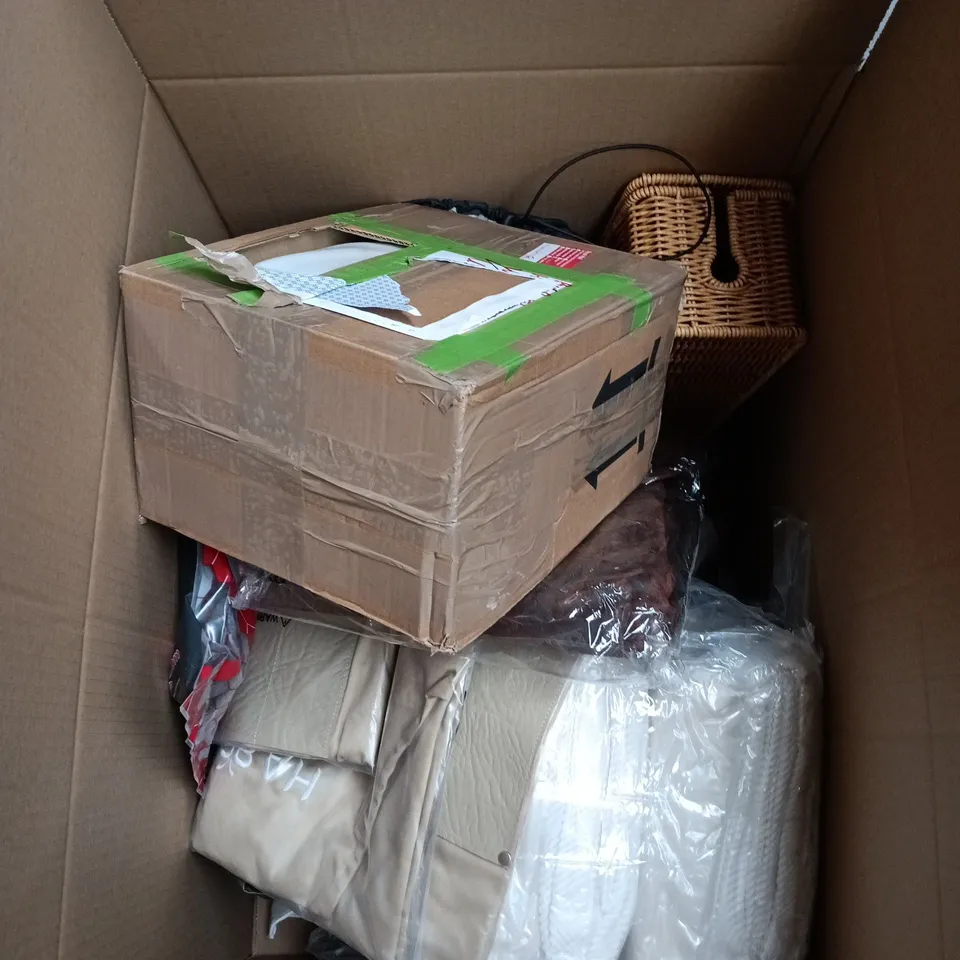 BOX OF APPROXIMATELY 10 ASSORTED ITEMS INCLUDING SPRO 3% CREAM PEROXIDE 1 LITRE, LERE WORKWEAR YELLOW COW SPLIT LEATHER APRON AND WOODSIDE OWL WITH ROTATAING HEAD