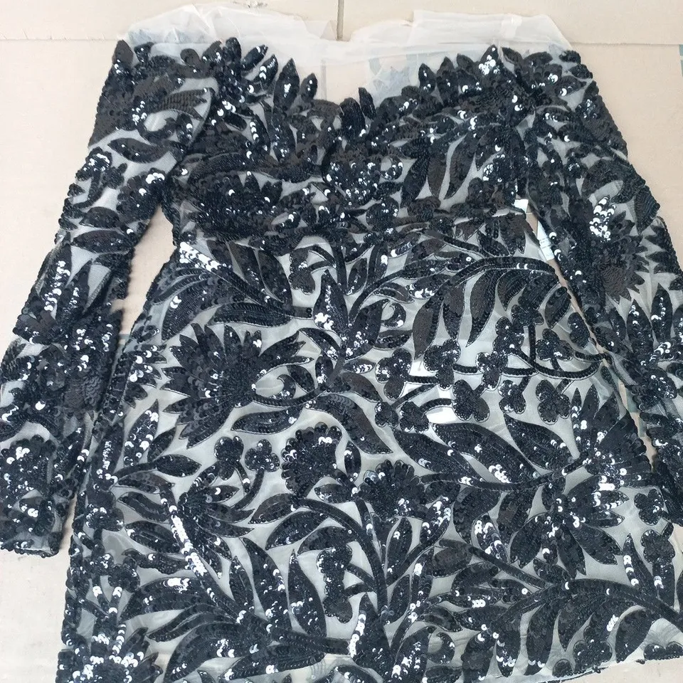 NADINE MERABI LONG SLEEVE SEQUIN DRESS IN BEIGE/BLACK SIZE MEDIUM