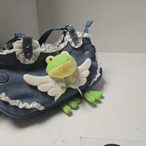 KOI DENIM HANDBAG WITH FROG MOTIF AND LACE TRIM
