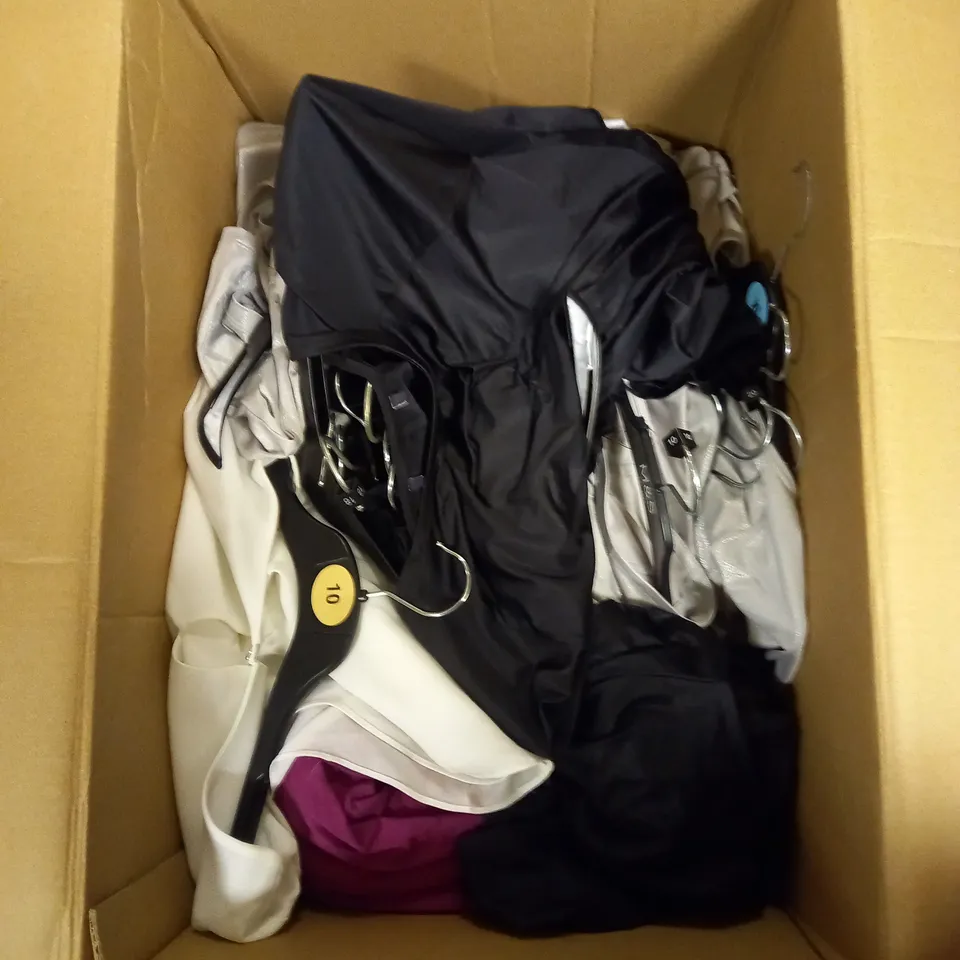 BOXED LOT OF APPROX. 20 LADIES TOPS, VARIOUS COLOURS, SIZES AND STYLES