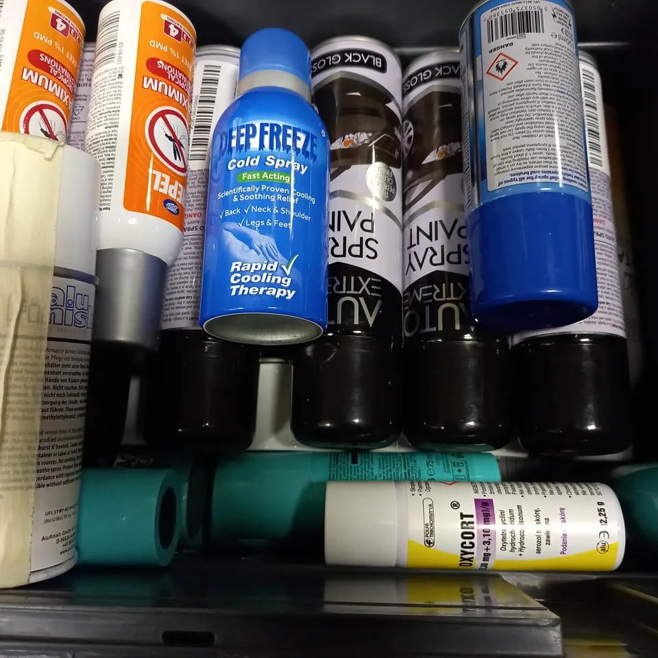 BOX OF APPROX 20 ASSORTED AEROSOLS TO INCLUDE AUTO SPRAY PAINT, MAXIMUM REPEL, DRY TEXTURE SPRAY - COLLECTION ONLY