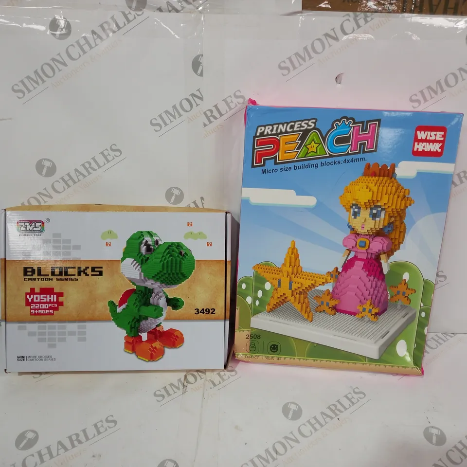 TWO ITEMS INCLUDING WISE HAWK PRINCESS PEACH BUILDING BLOCKS AND ZMS YOSHI BUILDING BLOCKS