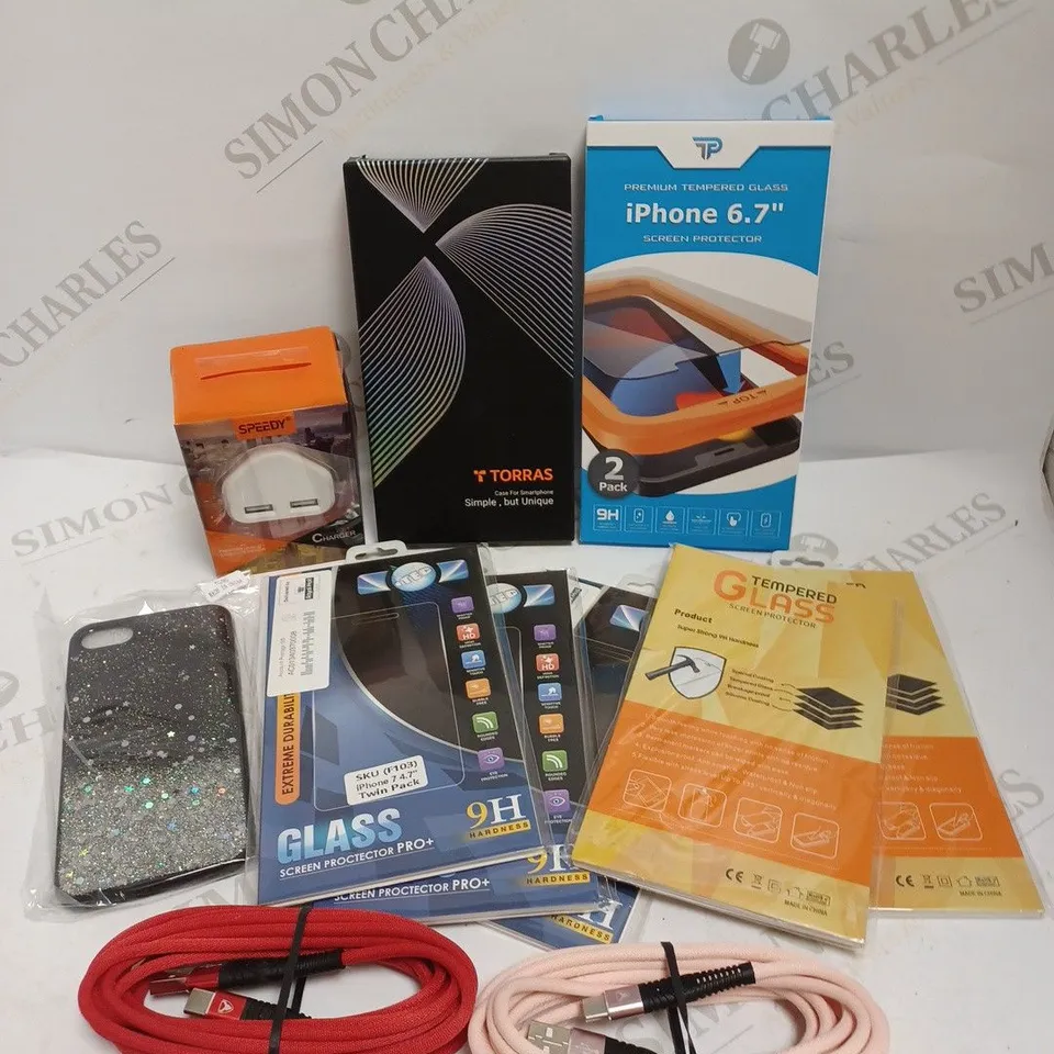 BOX OF APPROXIMATELY 30 ASSORTED SMARTPHONE & TABLET ACCESSORIES TO INCLUDE CHARGING CABLES, SCREEN PROTECTORS, TEMPERED GLASS ETC 