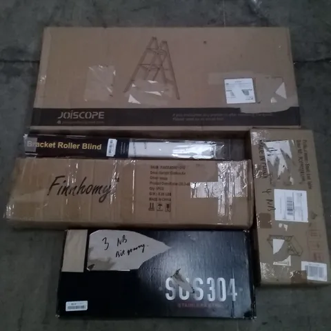 PALLET OF ASSORTED ITEMS INCLUDING JOISCOPE STEP LADDER, BRACKET ROLLER BLIND, UPRIGHT CLOTHES AIR, SMALL END TABLE, STAINLESS STEEL FAUCET, 3D LED FAN