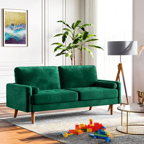 BOXED ENEDELIA 176CM VELVET SQUARE ARM UPHOLSTERED SOFA - GREEN (1 BOX)