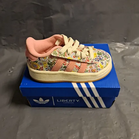 BOXED PAIR OF ADIDAS KIDS CAMPUS 00S X LIBERTY LONDON SHOES IN PINK MULTI SIZE UK 7K