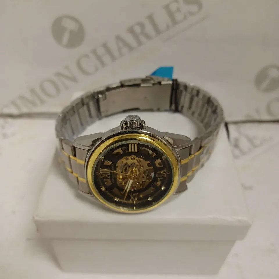 BOXED ANTHONY JAMES WATCH - TWO TONE STAINLESS STEEL - AUTOMATIC - SKELETON FACE - WATER RESISTANT. 