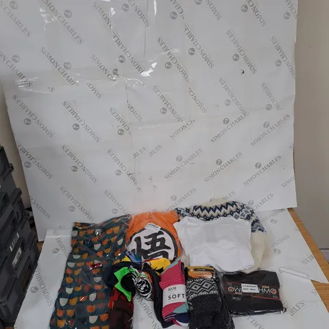 BOX OF ASSORTED CLOTHING TO INCLUDE SWEATERS, HOODIES, SOCKS ETC