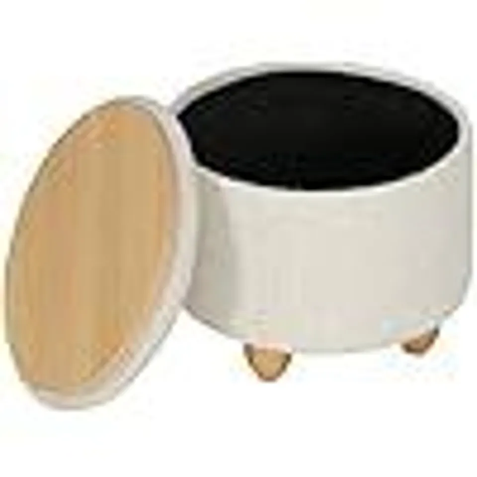 BOXED WOLTU ROUND STOOL WITH STORAGE SPACE, FOOTSTOOL WITH LID, PADDED STOOL, SOLID WOOD LEGS, LINEN COVER, DIAMETER 39X33CM, CREAM WHITE