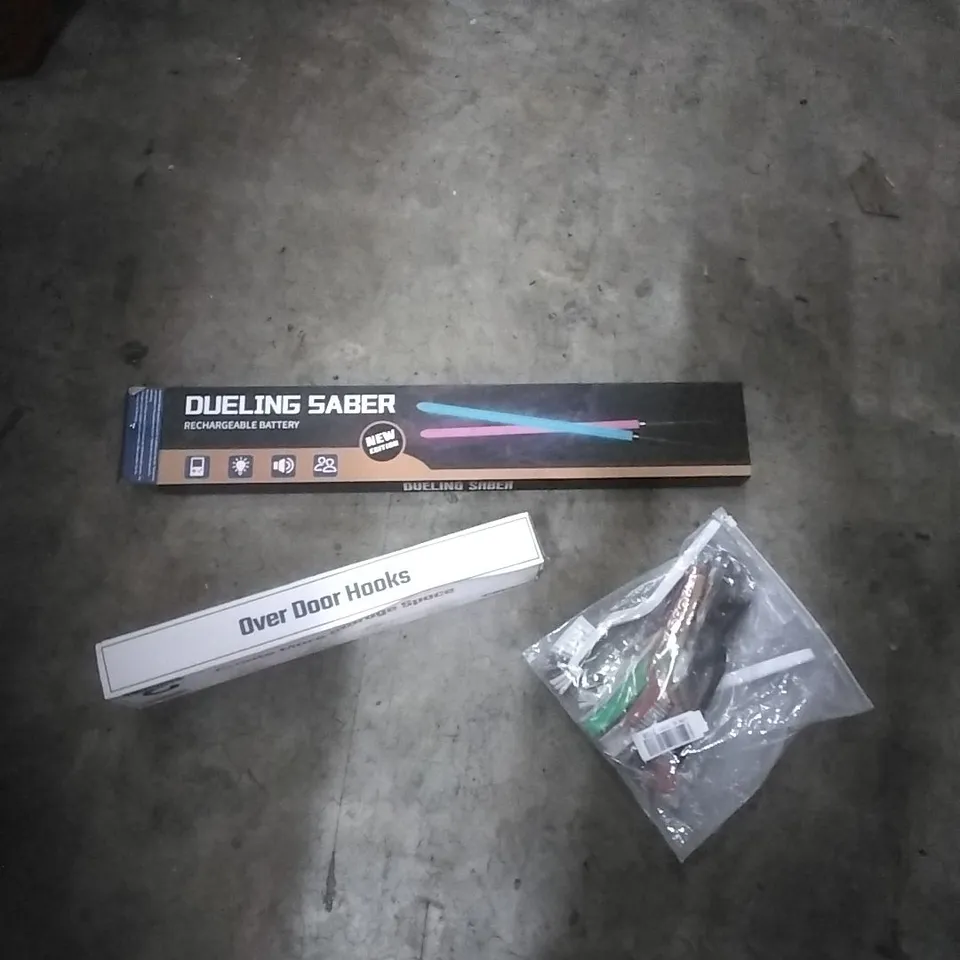 PALLET OF ASSORTED ITEMS TO INCLUDE; DUELING SABRE, CLEANING BRUSHES, OVER DOOR HOOKS