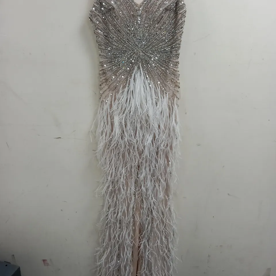 EMBELLISHED SEQUIN FEATHER DRESS IN CHAMPAGNE - 8