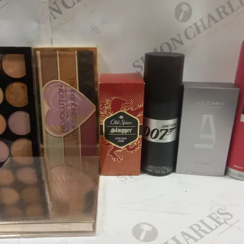 BOX OF APPROX 12 ASSORTED BEAUTY PRODUCTS TO INCLUDE REVOLUTION BLUSH PALETTE, OLD SPICE AFTER SHAVE LOTION, AZZARO L'EAU EAU DE TOILETTE, ETC