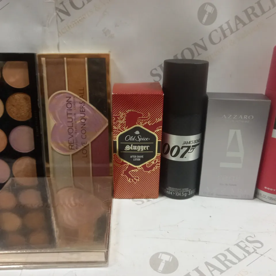 BOX OF APPROX 12 ASSORTED BEAUTY PRODUCTS TO INCLUDE REVOLUTION BLUSH PALETTE, OLD SPICE AFTER SHAVE LOTION, AZZARO L'EAU EAU DE TOILETTE, ETC 