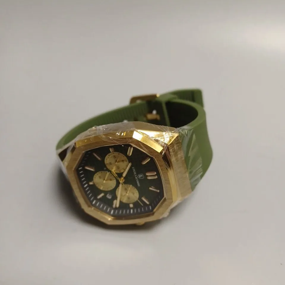MENS LOUIS LACOMBE CHRONGRAPH WATCH – 3 SUB DIALS – GOLD COLOUR CASE – GREEN RUBBER STRAP