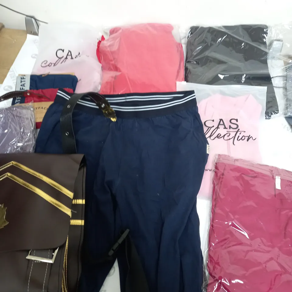 LARGE BOX OF ASSORTED CLOTHING ITEMS IN VARIOUS COLOURS AND SIZES INCLUDING TROUSERS , TOPS AND JUMPERS 