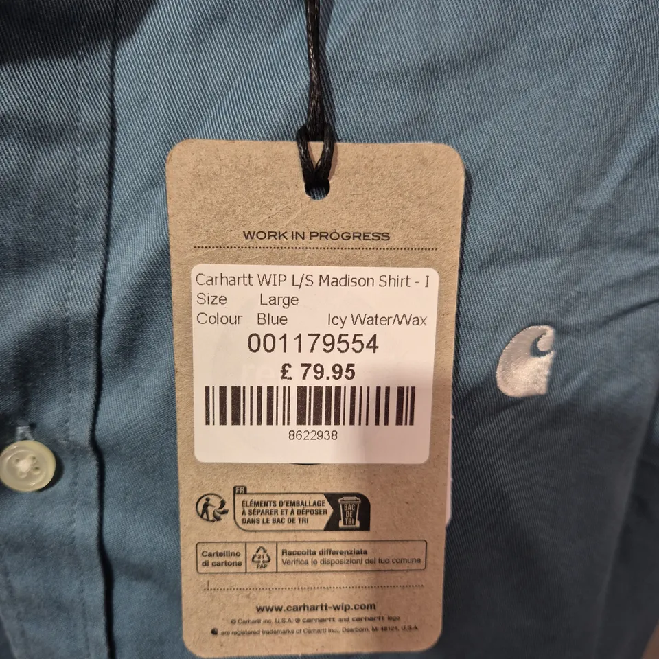 CARHARTT WIP MADISON SHIRT – LONG SLEEVE, BLUE ICY WATER/WAX, UK SIZE L