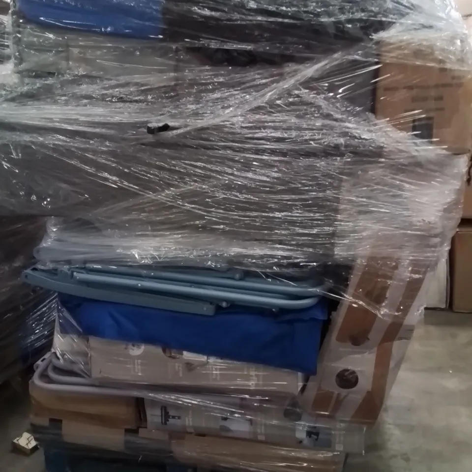 PALLET OF ASSORTED HOUSEHOLD GOODS AND PRODUCTS TO INCLUDE;AIR FRYER,FAN,GYM MATS,PLAYPEN,COOLER BOX