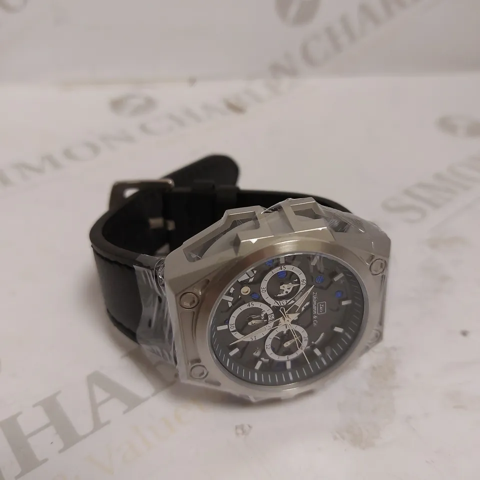 MEN’S ZIHLMANN & CO CHRONOGRAPH WATCH – MODEL ZC100 – STAINLESS STEEL CASE – BLACK DIAL WITH SUB DIALS – 5ATM WATER RESISTANT – BLACK GENUINE LEATHER STRAP 