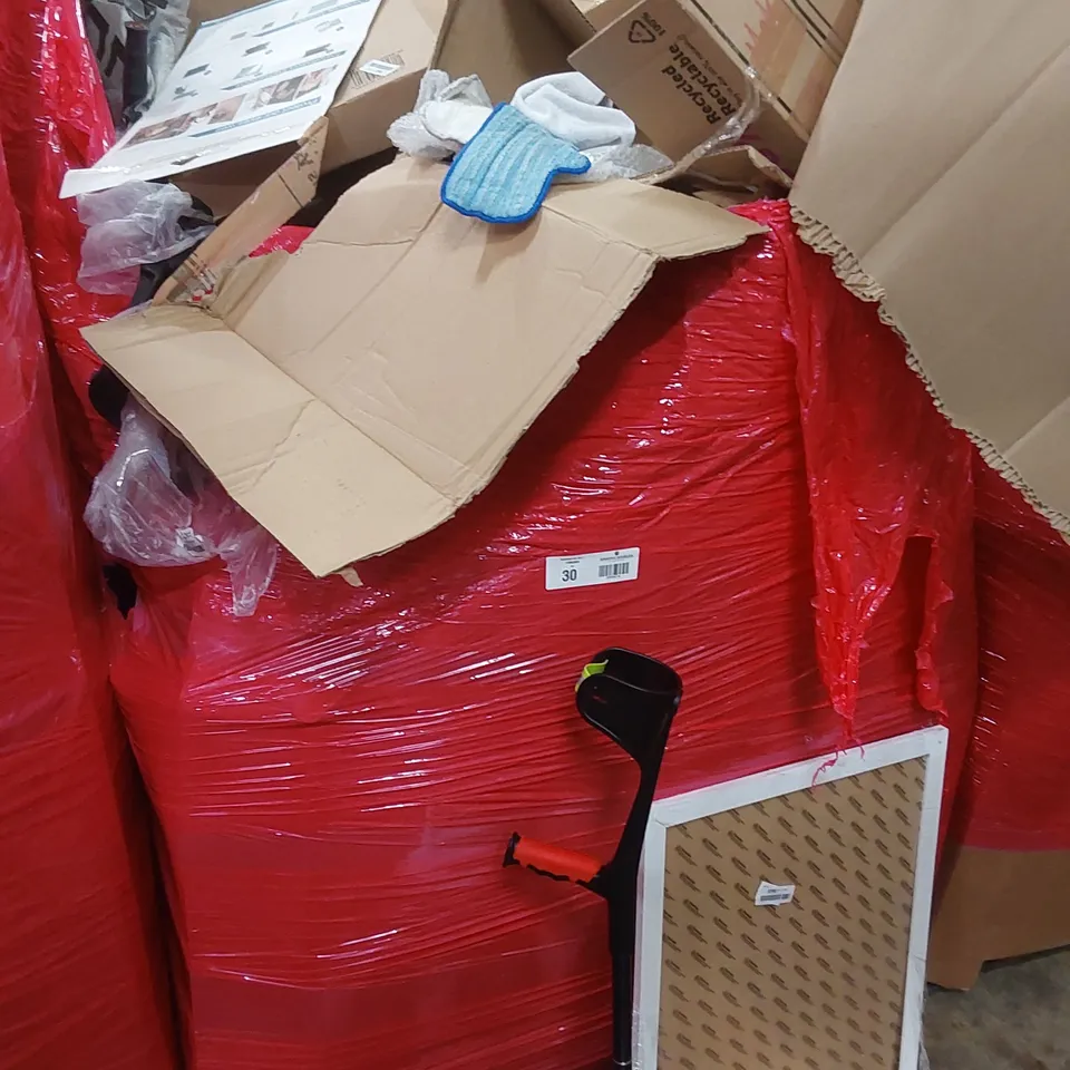 LARGE PALLET OF ASSORTED HOUSEHOLD PRODUCTS TO INCLUDE; ELORGZEM WALKING CANE, CRUTCHES, PICTURE FRAME, MUTE TOILET SEAT AND DUPRAY MULTI USE STEAM CLEANER