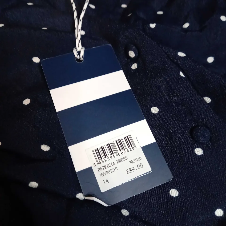 CREW CLOTHING COMPANY NAVY/WHITE SPOT MAXI DRESS - SIZE 14
