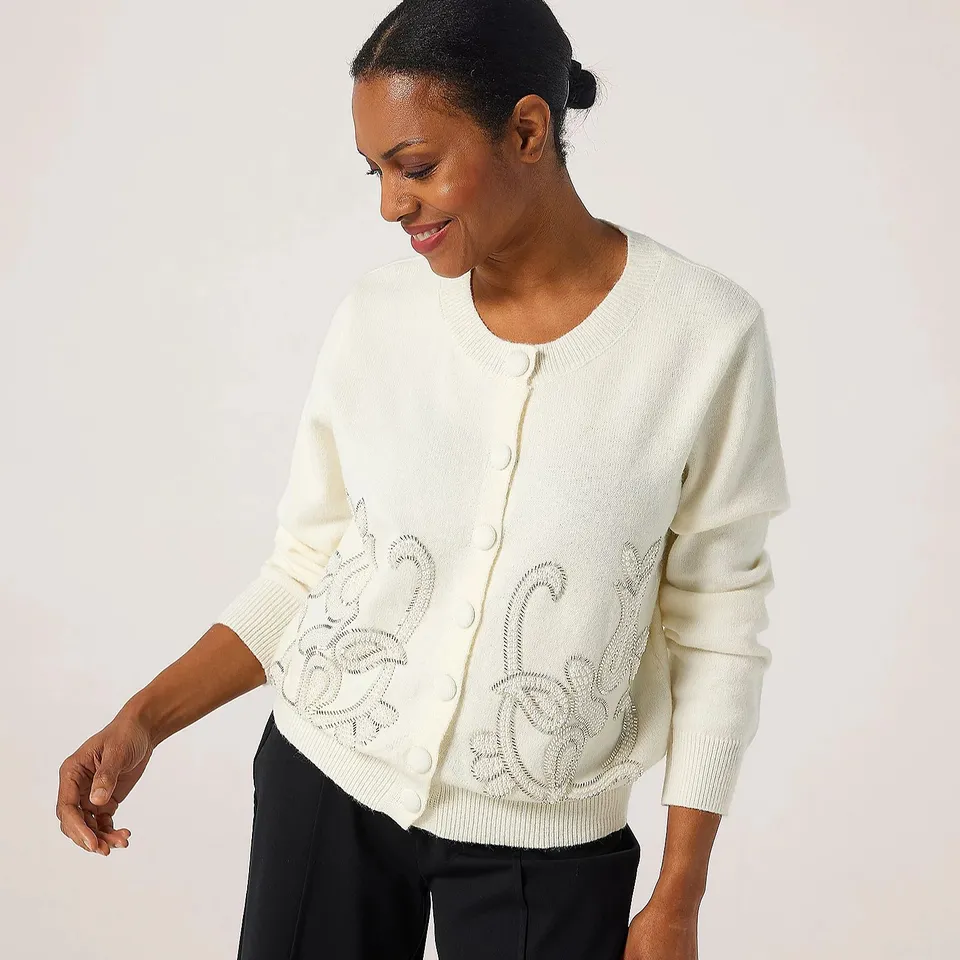 MALISSA J KNIT CARDIGAN WITH MIXED BEAD EMBELLISHMENT WINTER WHITE SMALL/MEDIUM
