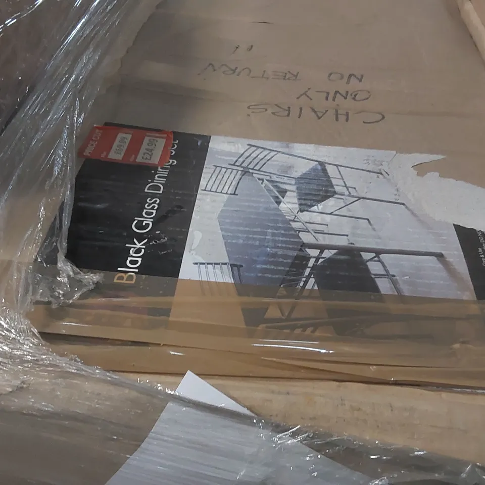 PALLET CONTAINING ASSORTED FURNITURE ITEMS INCLUDING: HETTON CORNER COMPUTER DESK, UNIVERSAL BLACK GLASS COMPUTER TABLES ECT
