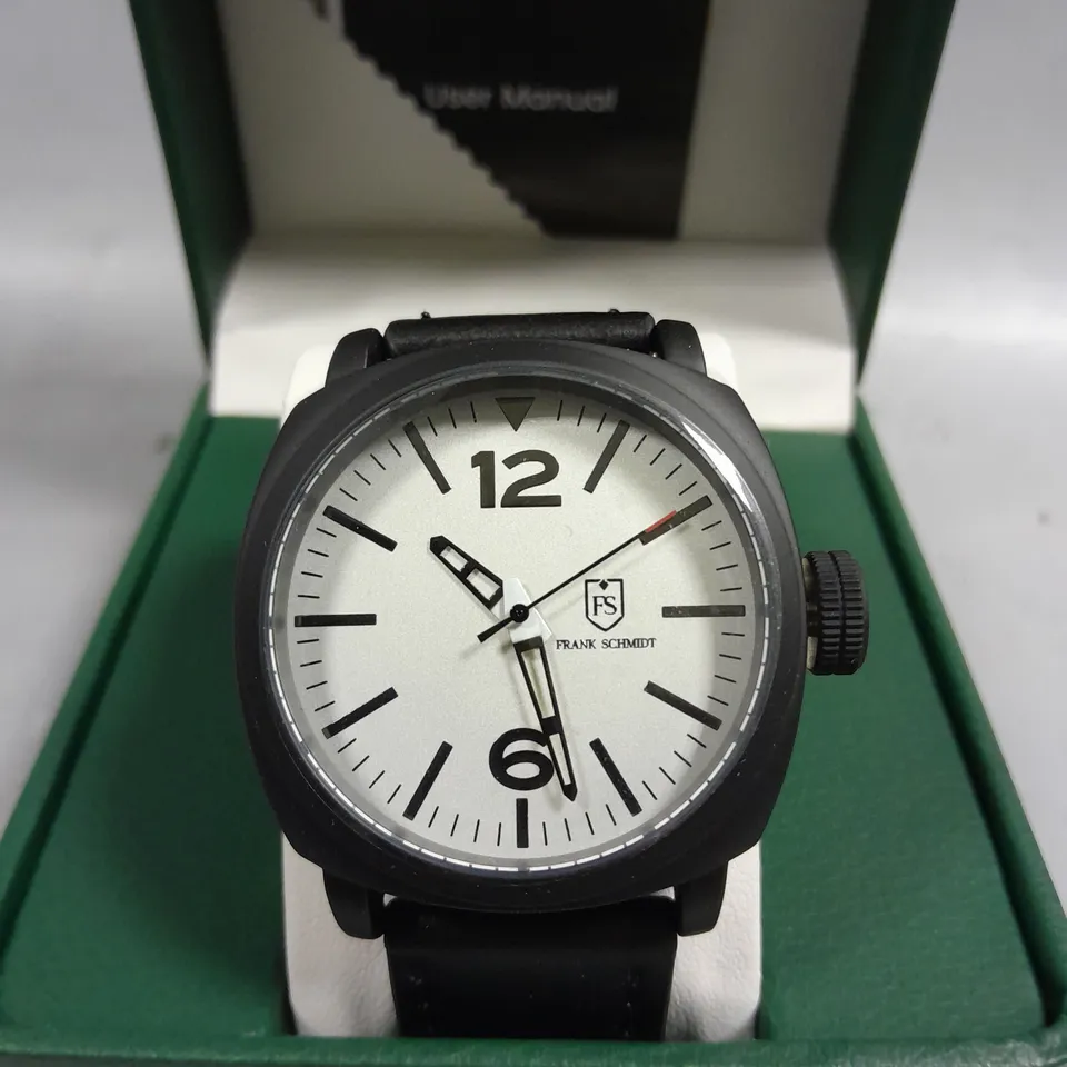 BOXED FRANK SCHMIDT LARGE BLACK CASE WHITE PILOT DIAL WATCH