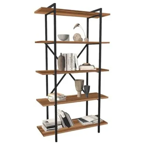 BOXED 5-TIER BOOKSHELF INDUSTRIAL WOOD BOOKCASE FREESTANDING DISPLAY (1 BOX)