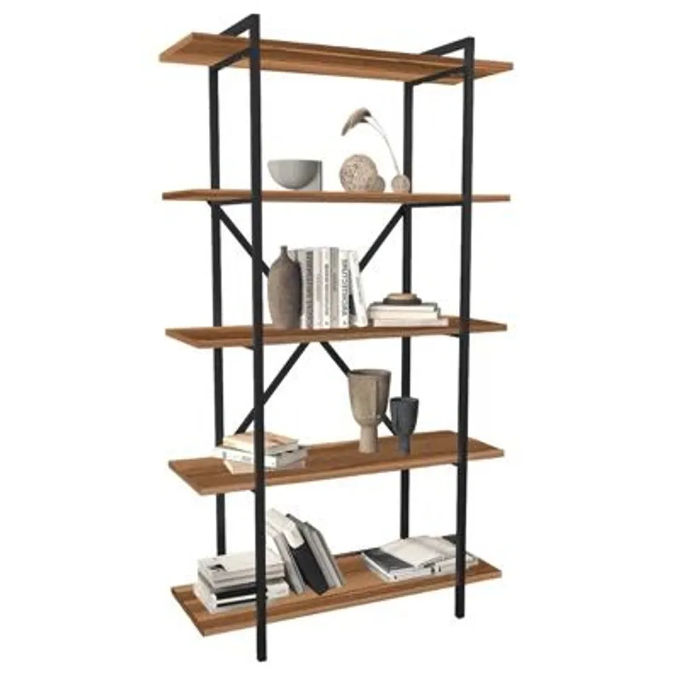 BOXED 5-TIER BOOKSHELF INDUSTRIAL WOOD BOOKCASE FREESTANDING DISPLAY (1 BOX)