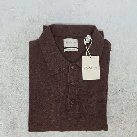 GANT SLUB COTTON LINEN POLO TOP IN HAZELNUT MELANGE SIZE SMALL