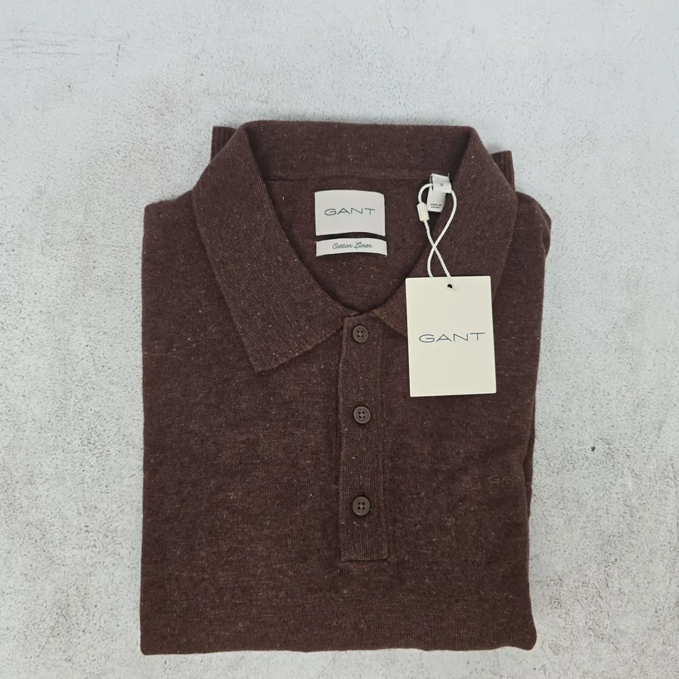 GANT SLUB COTTON LINEN POLO TOP IN HAZELNUT MELANGE SIZE SMALL
