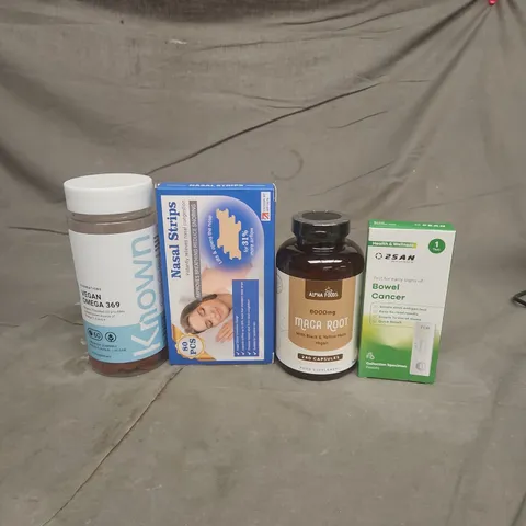 TOTE OF APPROXIMATELY 20 ASSORTED HEALTHCARE PRODUCTS TO INCLUDE NASAL STRIPS - ALPHA FOODS MACA ROOT CAPSULES AND KNOWN VEGAN OMEGA 369 GUMMIES