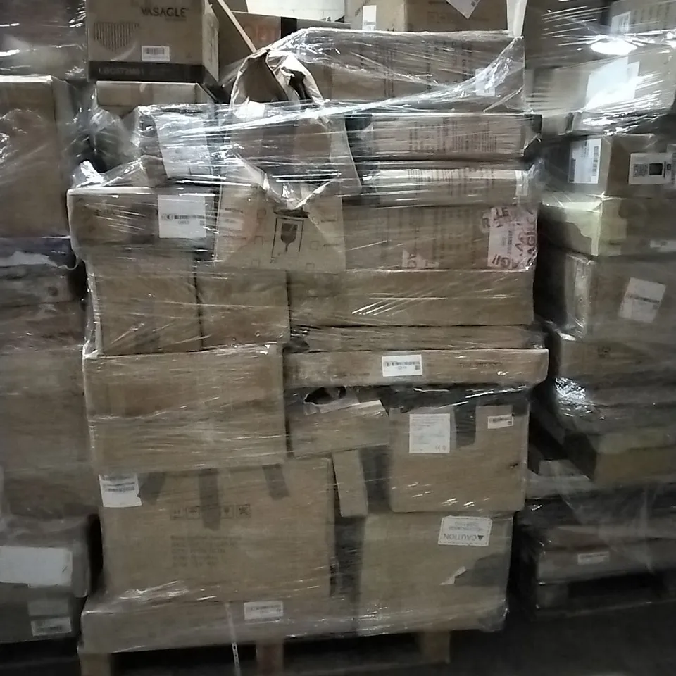 PALLET OF HOUSEHOLD ITEMS TO INCLUDE STORAGE SHELF,  CORNER SHELF, BAR STOOLS AND OTHER ASSORTED ITEMS...